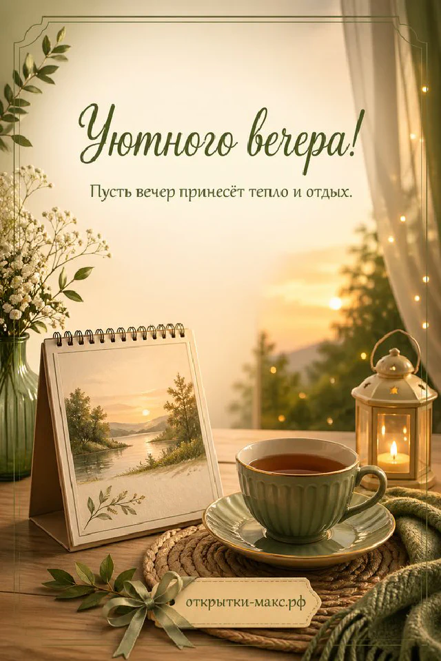 Настольный календарь, кружка чая, лампа и ваза с цветами на зелёном фоне — вариант 6