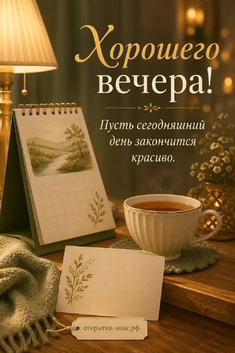 Чашка чая на блюдце рядом с настольным календарём и лампой в тёплом вечернем свете