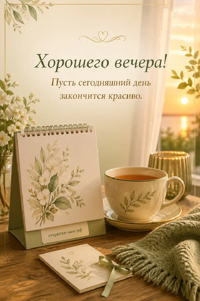 Чашка чая на блюдце рядом с настольным календарём и лампой в тёплом вечернем свете — вариант 3