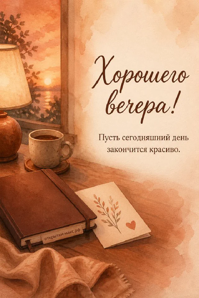 Чашка чая на блюдце рядом с настольным календарём и лампой в тёплом вечернем свете — вариант 6