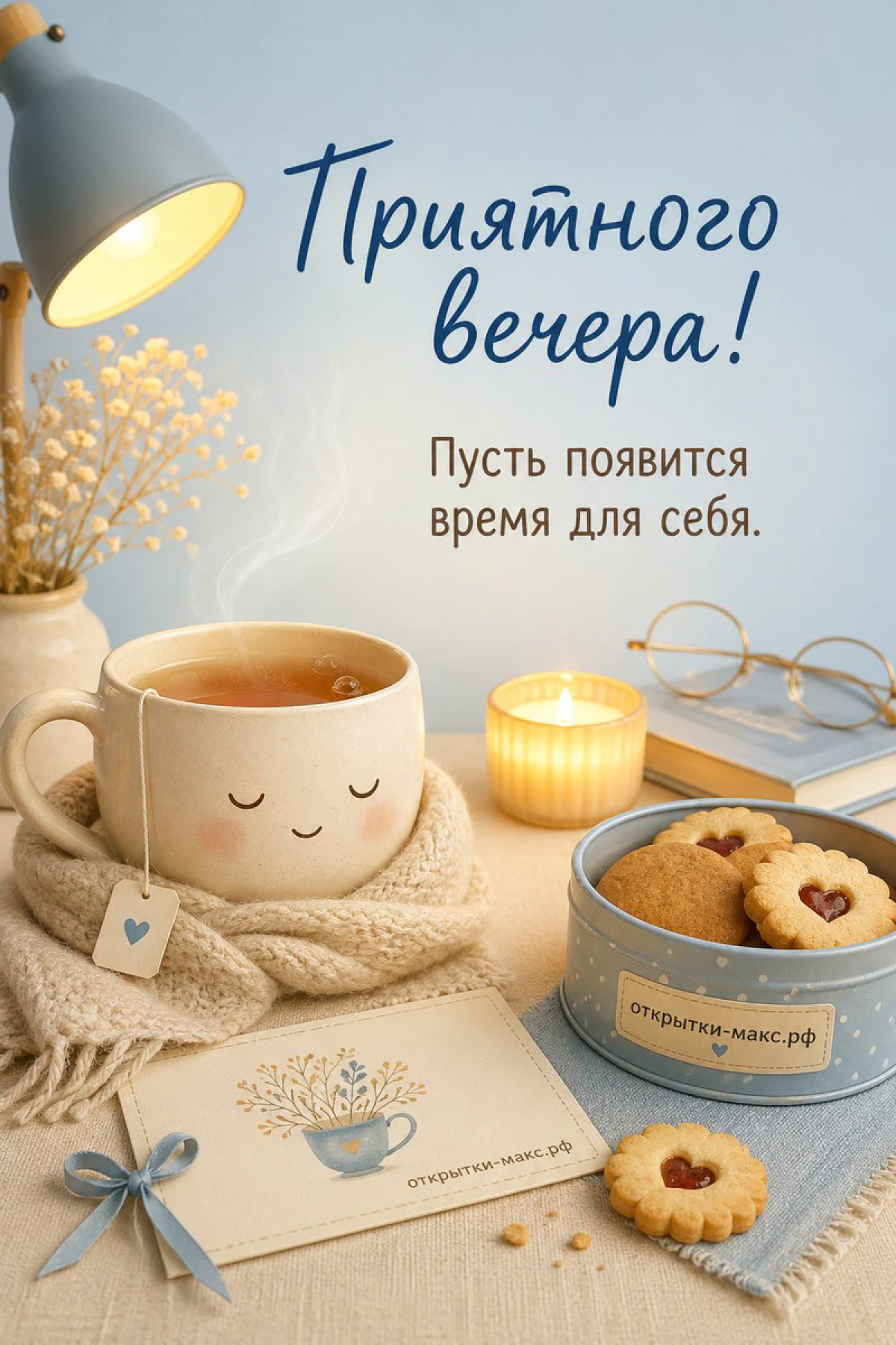 Чашка чая с улыбкой, синяя лампа, свеча и коробка печенья на столе с надписью «Приятного вечера»