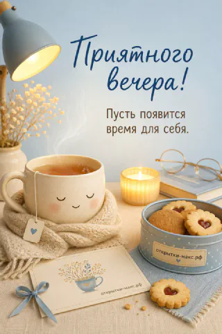 Чашка чая с улыбкой, синяя лампа, свеча и коробка печенья на столе с надписью «Приятного вечера»