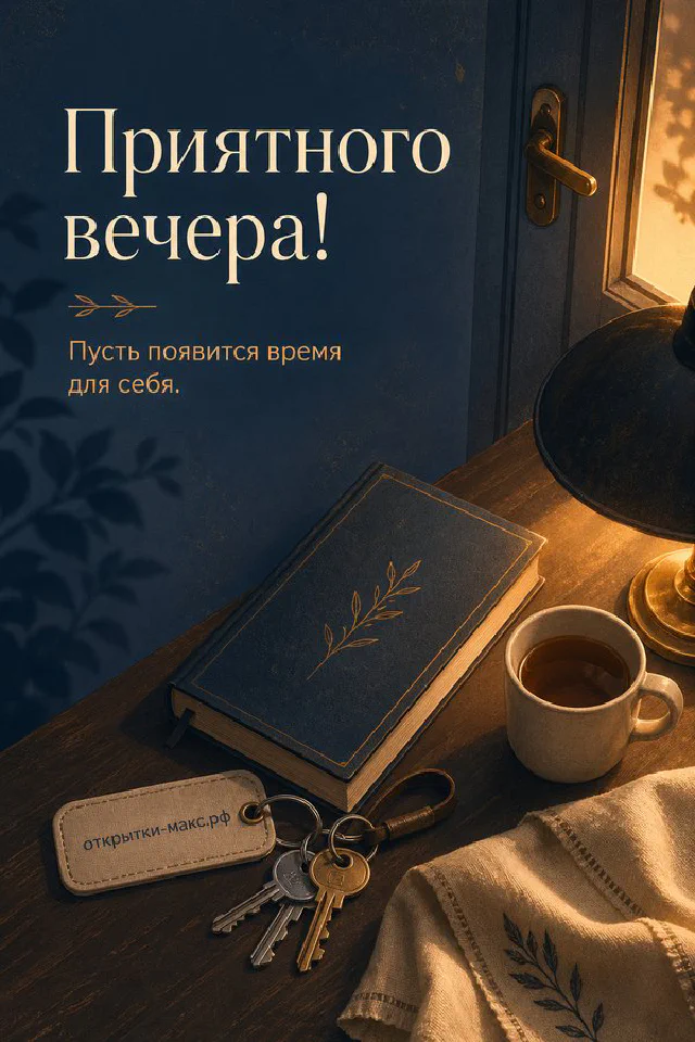 Чашка чая с улыбкой, синяя лампа, свеча и коробка печенья на столе с надписью «Приятного вечера» — вариант 2