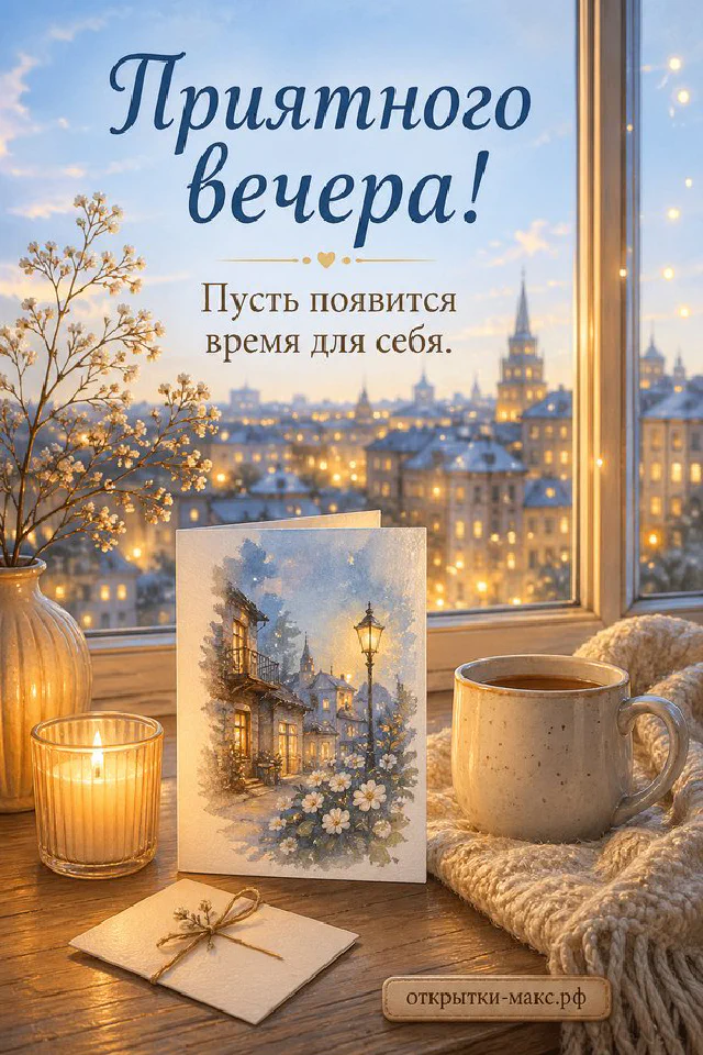 Чашка чая с улыбкой, синяя лампа, свеча и коробка печенья на столе с надписью «Приятного вечера» — вариант 3
