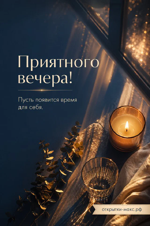 Чашка чая с улыбкой, синяя лампа, свеча и коробка печенья на столе с надписью «Приятного вечера» — вариант 4