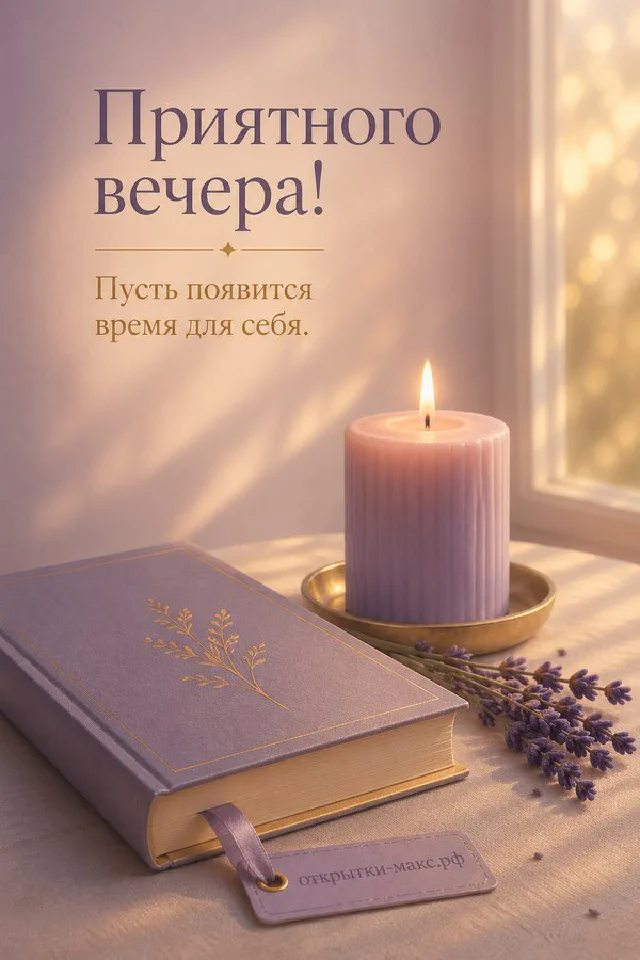 Чашка чая с улыбкой, синяя лампа, свеча и коробка печенья на столе с надписью «Приятного вечера» — вариант 5