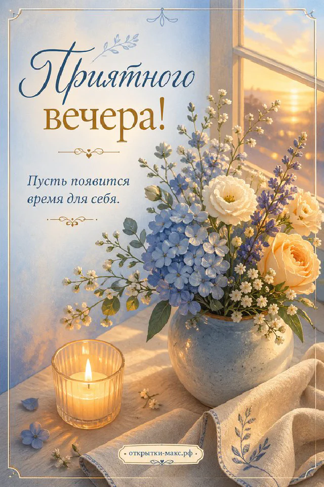 Чашка чая с улыбкой, синяя лампа, свеча и коробка печенья на столе с надписью «Приятного вечера» — вариант 6