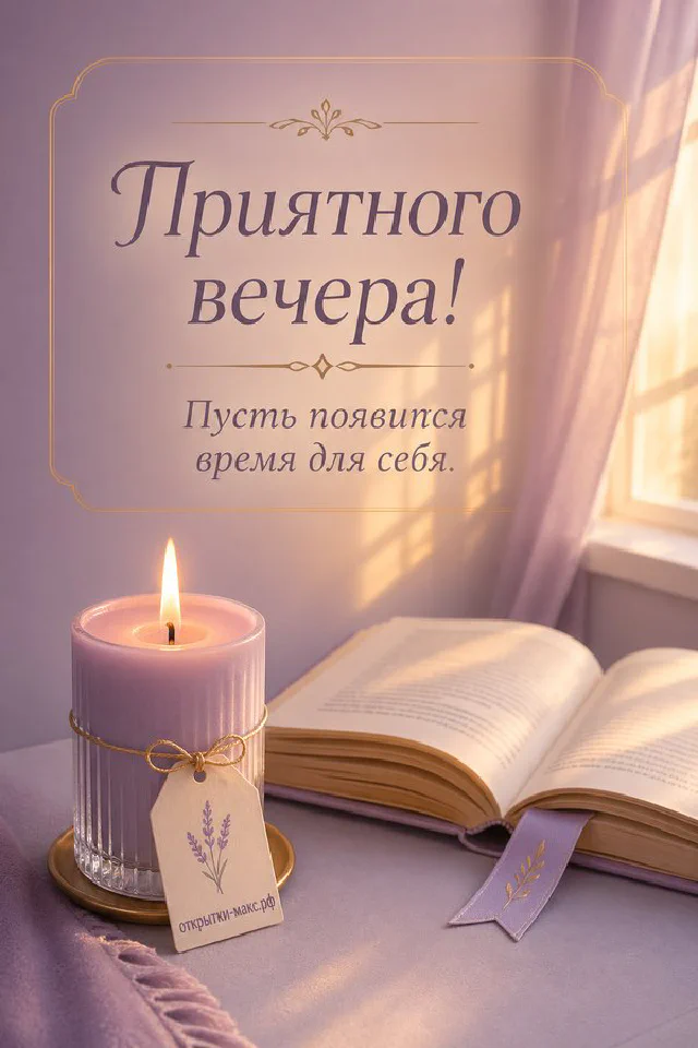 Чашка чая с улыбкой, синяя лампа, свеча и коробка печенья на столе с надписью «Приятного вечера» — вариант 7