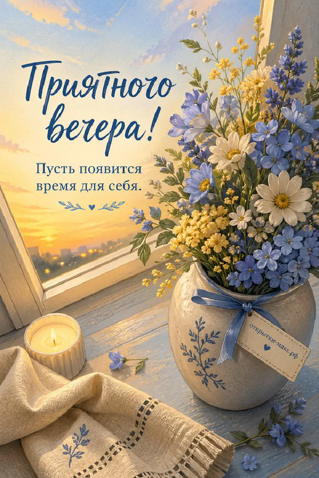 Чашка чая с улыбкой, синяя лампа, свеча и коробка печенья на столе с надписью «Приятного вечера» — вариант 8
