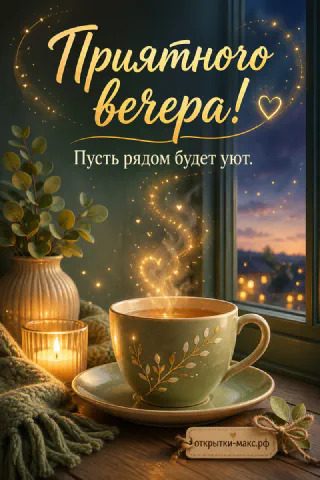 Зелёная чашка чая с парящим золотым сердечком, свеча, плед и вечерние огни города за окном