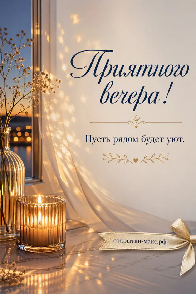 Зелёная чашка чая с парящим золотым сердечком, свеча, плед и вечерние огни города за окном — вариант 2