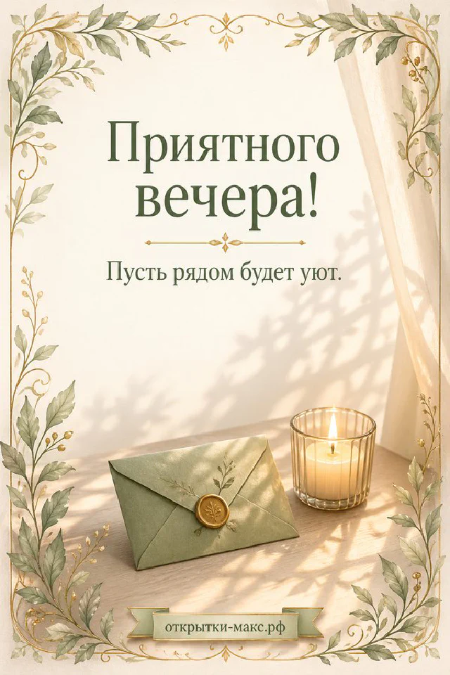 Зелёная чашка чая с парящим золотым сердечком, свеча, плед и вечерние огни города за окном — вариант 4