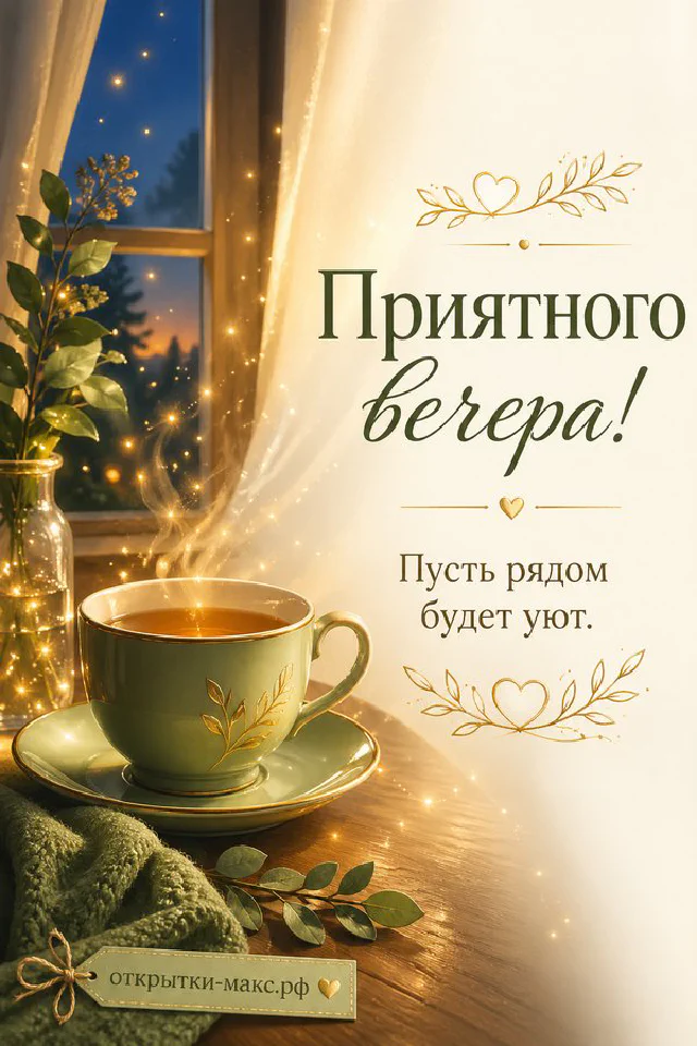 Зелёная чашка чая с парящим золотым сердечком, свеча, плед и вечерние огни города за окном — вариант 5