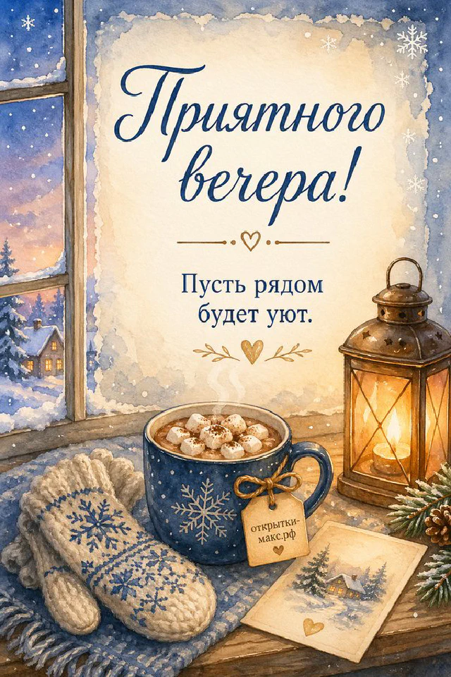 Зелёная чашка чая с парящим золотым сердечком, свеча, плед и вечерние огни города за окном — вариант 6