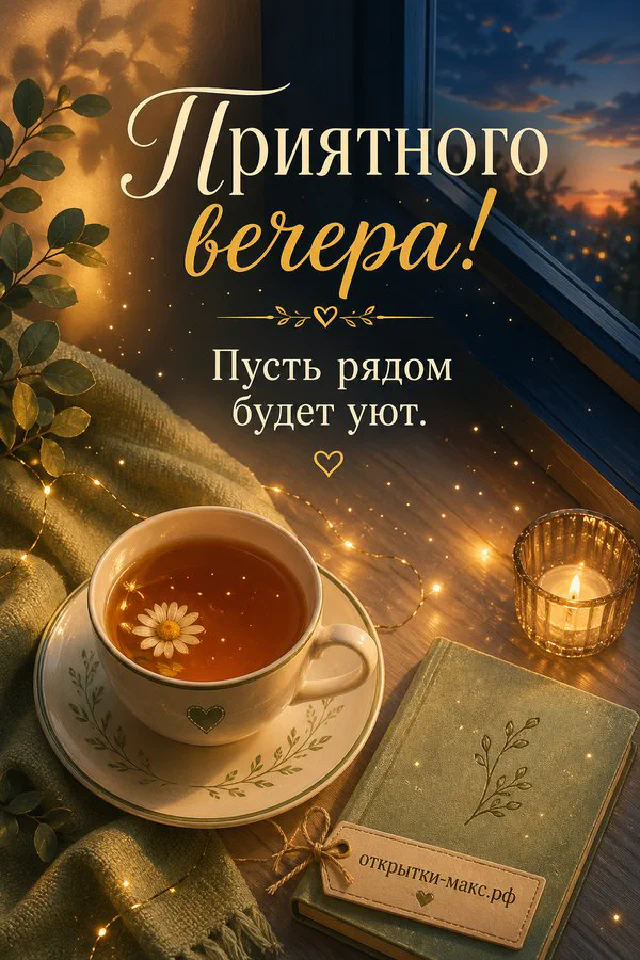 Зелёная чашка чая с парящим золотым сердечком, свеча, плед и вечерние огни города за окном — вариант 7