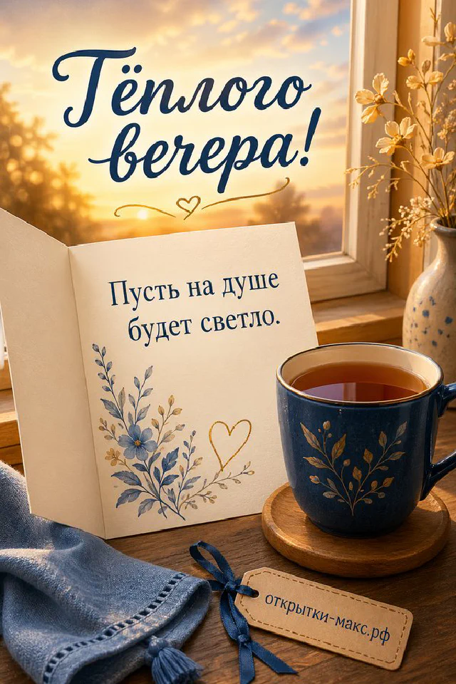 Чашка чая на скамейке рядом с шарфом и осенней аллеей с горящим фонарём — вариант 2
