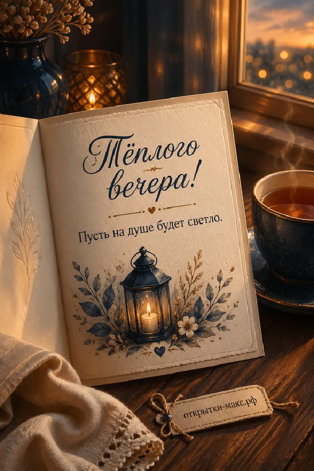 Чашка чая на скамейке рядом с шарфом и осенней аллеей с горящим фонарём — вариант 8