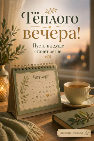 Чашка чая рядом с настольным календарём на четверг и зелёными растениями на столе