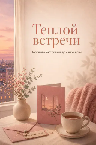 Чашка чая и розовый конверт на столе с вазой у окна с розово-персиковым закатом