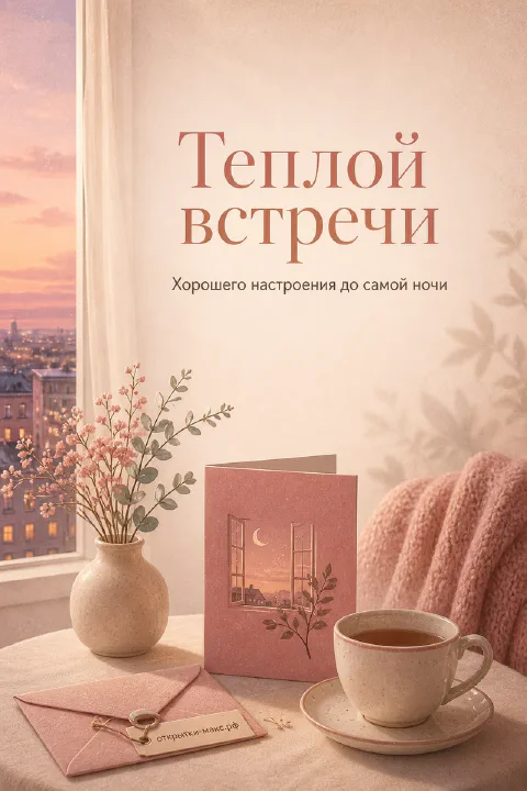 Чашка чая и розовый конверт на столе с вазой у окна с розово-персиковым закатом