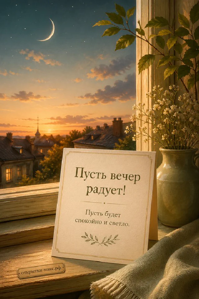 Зелёная чашка чая и открытка с веточкой на подоконнике, за окном — вечерний город с молодым месяцем — вариант 2