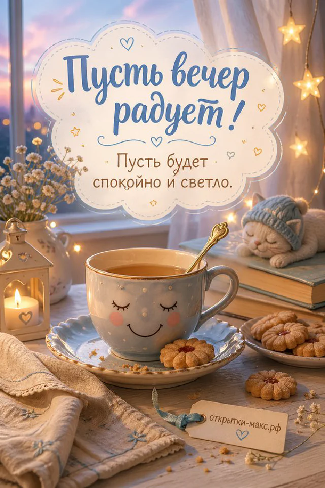 Зелёная чашка чая и открытка с веточкой на подоконнике, за окном — вечерний город с молодым месяцем — вариант 3