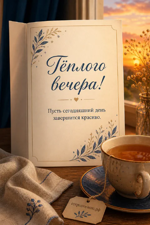 Синяя чашка чая с орнаментом на блюдце рядом с открыткой и закатом за окном