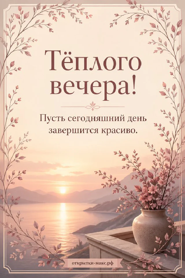 Синяя чашка чая с орнаментом на блюдце рядом с открыткой и закатом за окном — вариант 2
