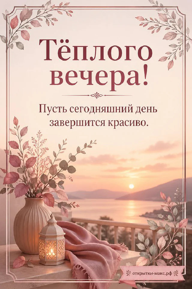 Синяя чашка чая с орнаментом на блюдце рядом с открыткой и закатом за окном — вариант 3