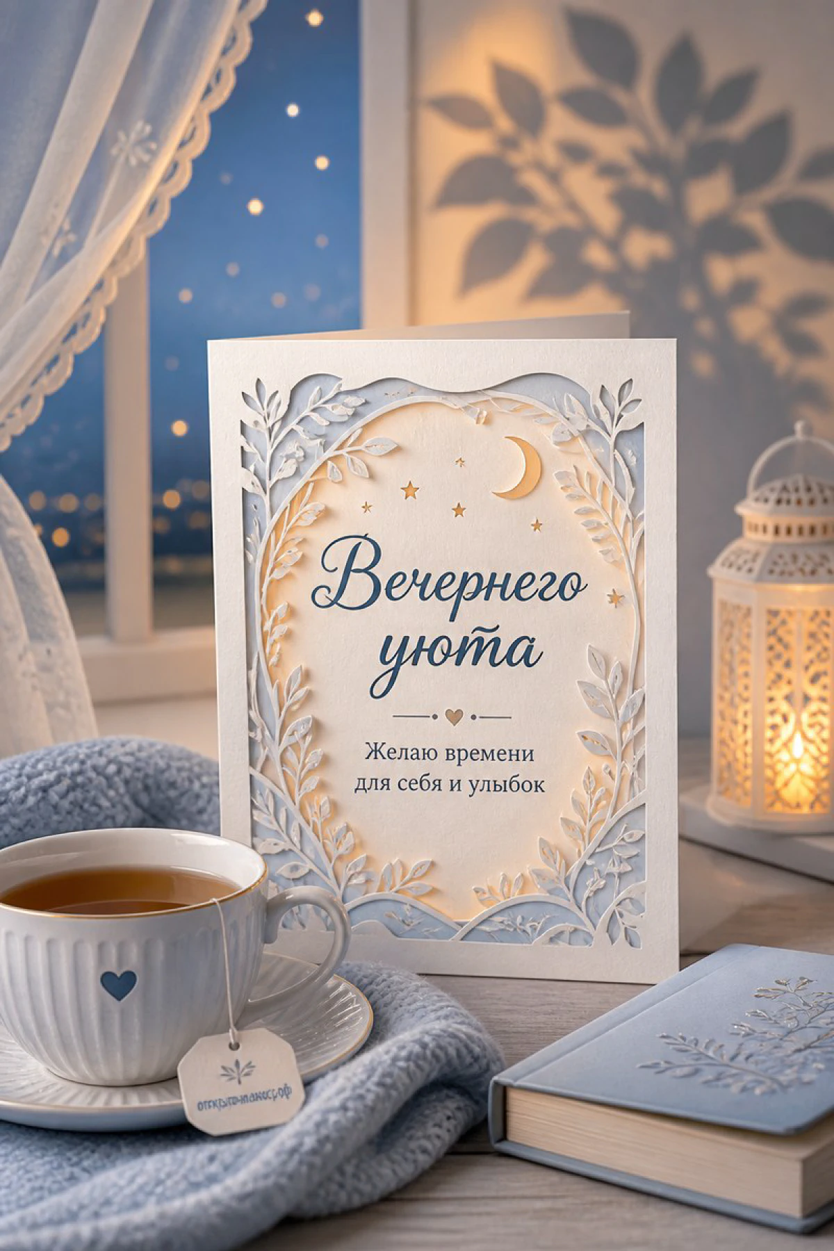 Чашка чая с бирочкой рядом с белой резной открыткой с луной и звёздами на голубом фоне