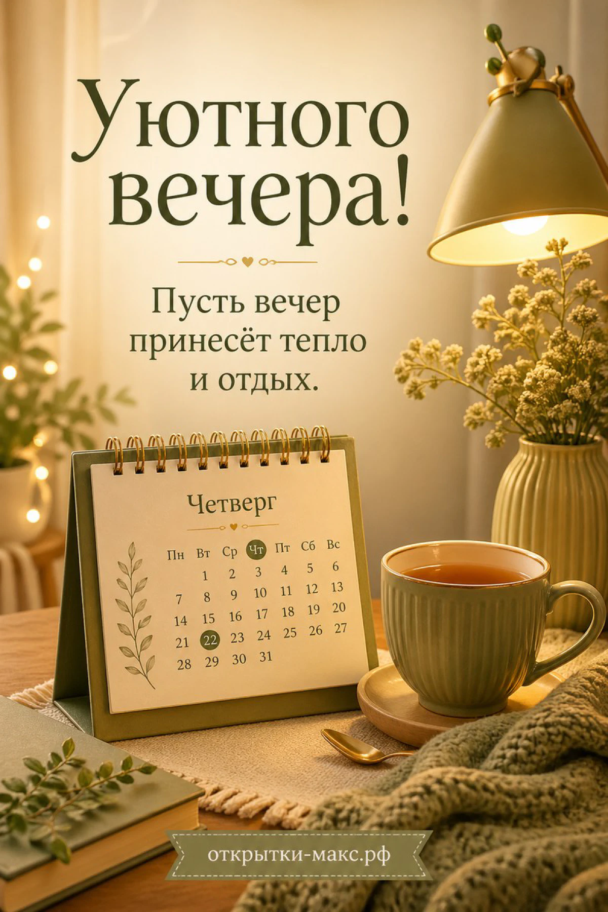 Открытка с кружкой чая и настольным календарём на четверг в зелёных тонах