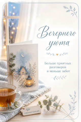 Чашка чая рядом с зимней открыткой-книжкой с фонарём и ветками эвкалипта на светлом фоне