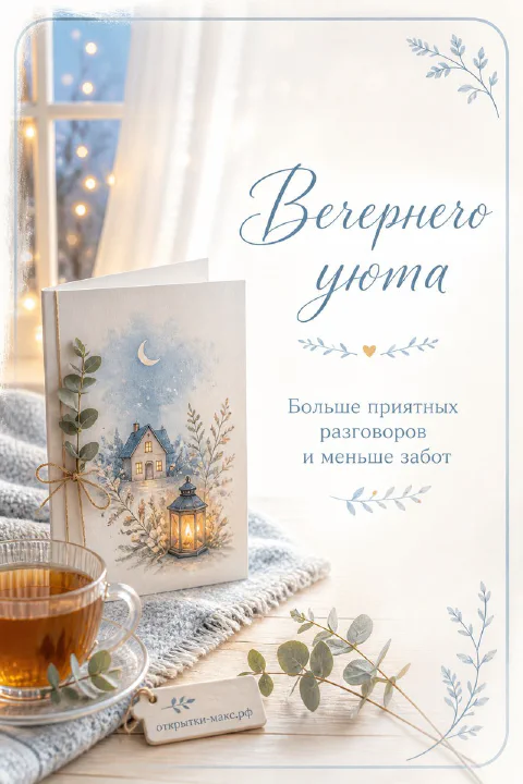 Чашка чая рядом с зимней открыткой-книжкой с фонарём и ветками эвкалипта на светлом фоне