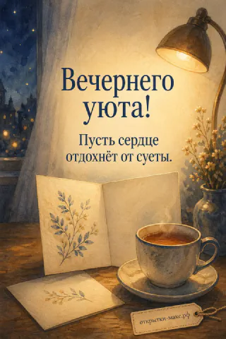 Чашка чая, раскрытая книга с рисунком цветка и настольная лампа у тёмного окна с городскими огнями