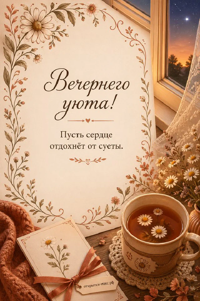 Чашка чая, раскрытая книга с рисунком цветка и настольная лампа у тёмного окна с городскими огнями — вариант 2
