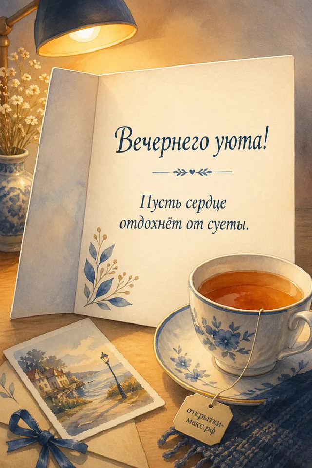 Чашка чая, раскрытая книга с рисунком цветка и настольная лампа у тёмного окна с городскими огнями — вариант 4