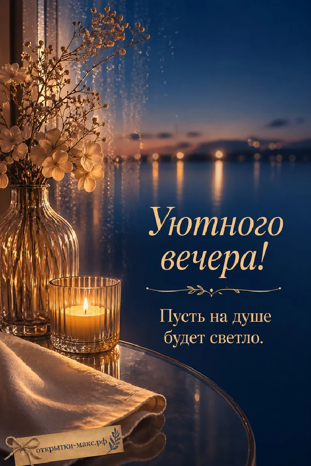 Парящая чашка чая с золотистым паром и горящая лампа на фоне ночного города за окном — вариант 2