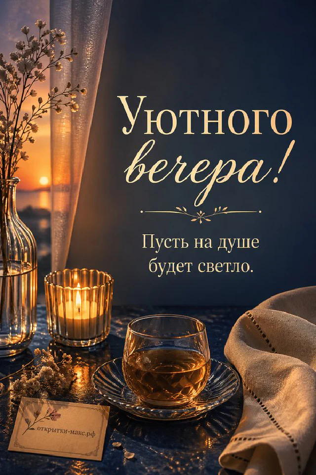Парящая чашка чая с золотистым паром и горящая лампа на фоне ночного города за окном — вариант 5