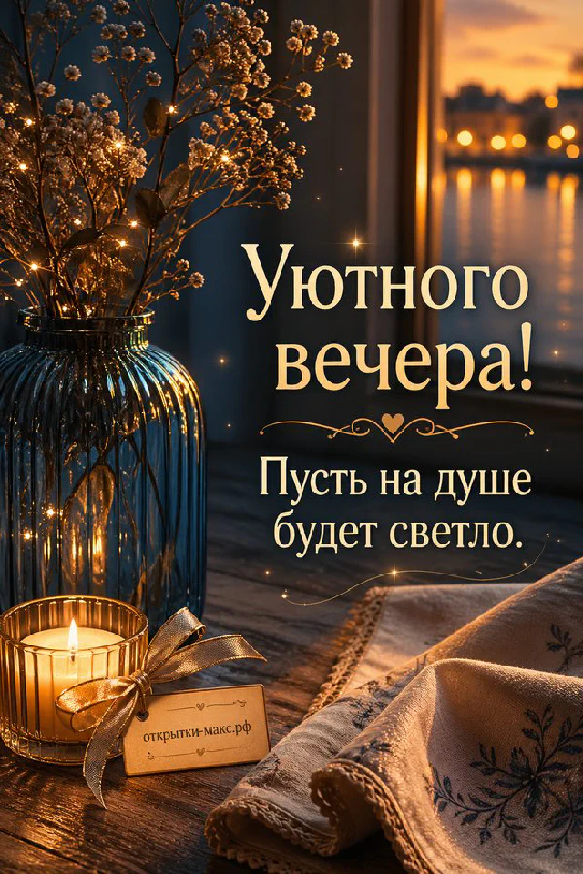 Парящая чашка чая с золотистым паром и горящая лампа на фоне ночного города за окном — вариант 8