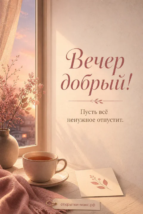 Белая чашка чая у большого окна с видом на розовый закатный город и ветви с розовыми листьями