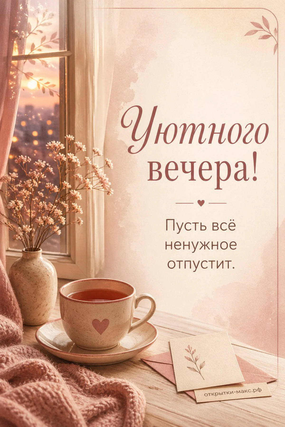 Персиковая чашка чая с сердечком, конверт и розовые цветы у окна в тёплых тонах