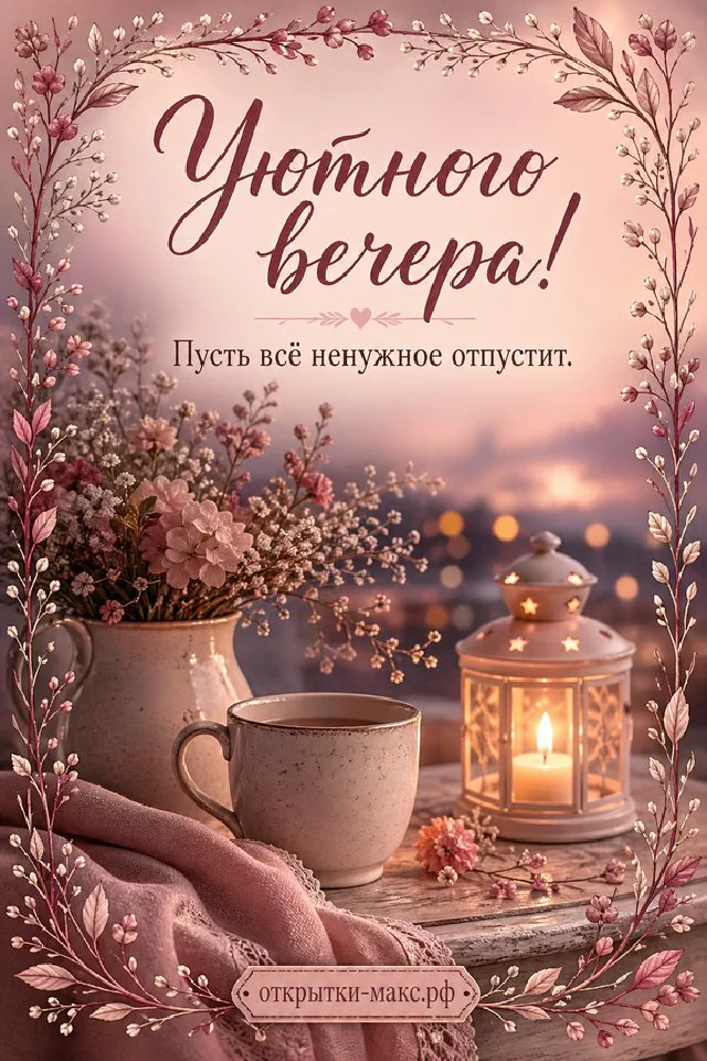 Персиковая чашка чая с сердечком, конверт и розовые цветы у окна в тёплых тонах — вариант 2