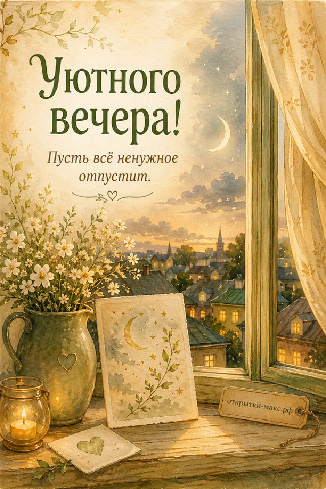 Персиковая чашка чая с сердечком, конверт и розовые цветы у окна в тёплых тонах — вариант 3