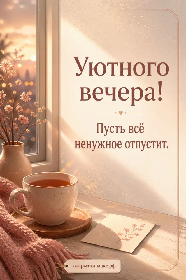 Персиковая чашка чая с сердечком, конверт и розовые цветы у окна в тёплых тонах — вариант 4