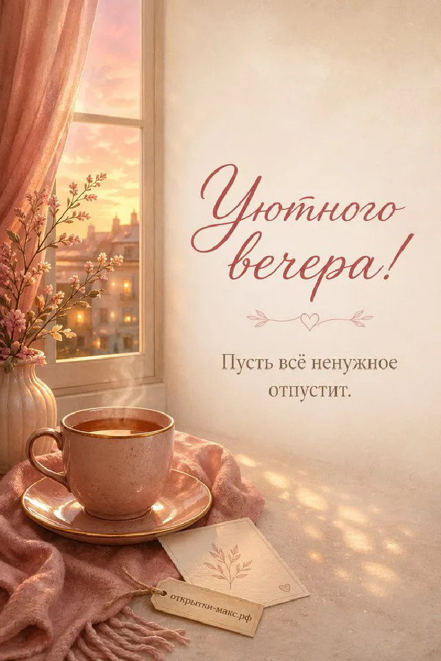 Персиковая чашка чая с сердечком, конверт и розовые цветы у окна в тёплых тонах — вариант 6