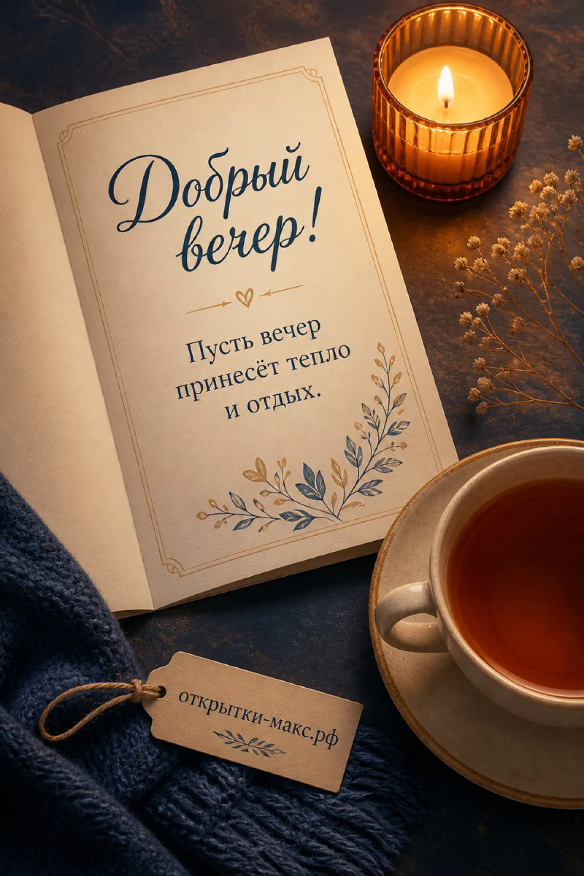 Раскрытая открытка-книжка с пожеланием доброго вечера, горящая свеча и кружка чая на тёмном столе с синим пледом