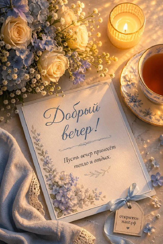 Раскрытая открытка-книжка с пожеланием доброго вечера, горящая свеча и кружка чая на тёмном столе с синим пледом — вариант 2