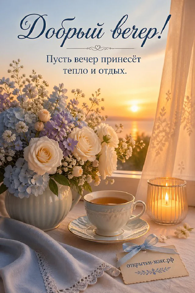 Раскрытая открытка-книжка с пожеланием доброго вечера, горящая свеча и кружка чая на тёмном столе с синим пледом — вариант 3