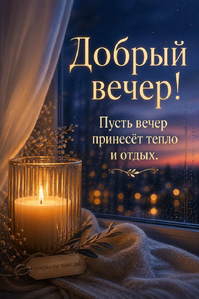 Раскрытая открытка-книжка с пожеланием доброго вечера, горящая свеча и кружка чая на тёмном столе с синим пледом — вариант 4