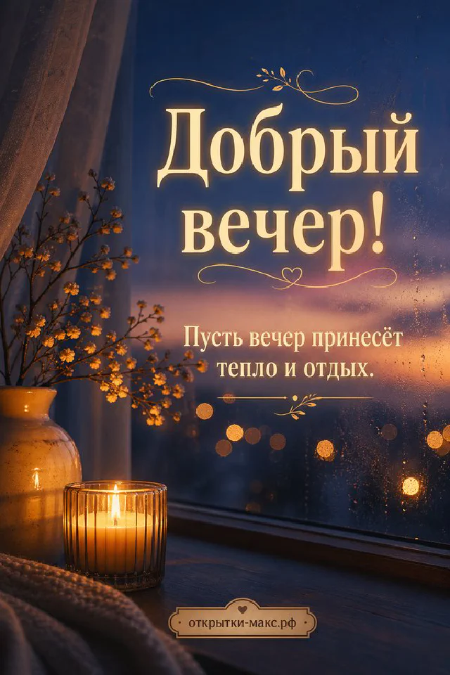 Раскрытая открытка-книжка с пожеланием доброго вечера, горящая свеча и кружка чая на тёмном столе с синим пледом — вариант 5